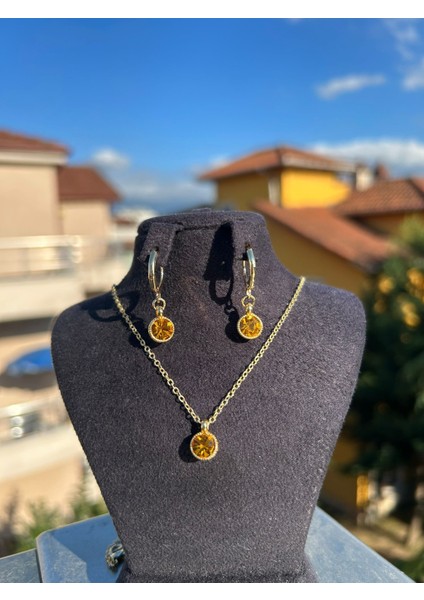 Sarı Oval Taşlı Kolye Küpe Set