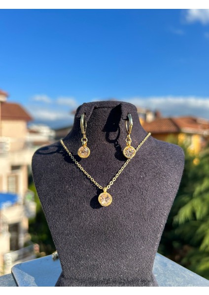 Rose Oval Taşlı Kolye Küpe Set