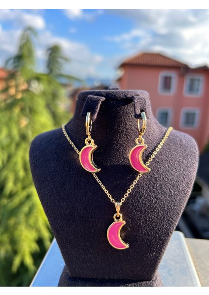 Pembe Ay Kolye Küpe Set