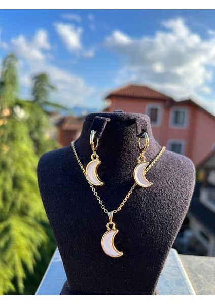 Beyaz Ay Kolye Küpe Set