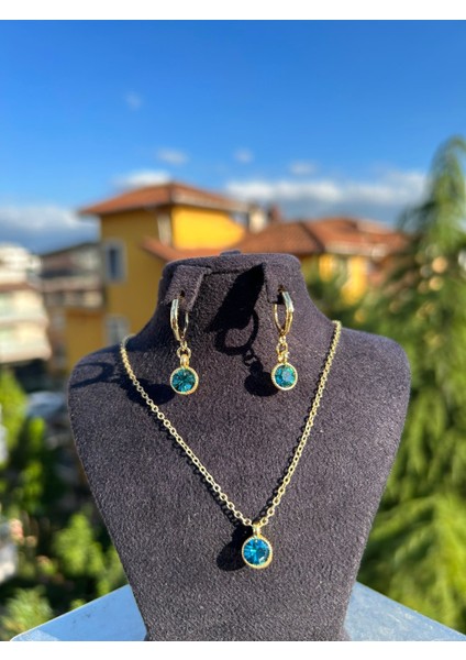 Mavi Oval Taşlı Kolye Küpe Set