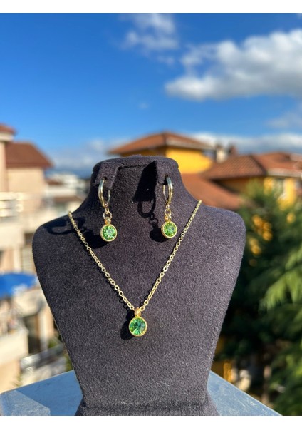 Açık Mavi Oval Taşlı Kolye Küpe Set
