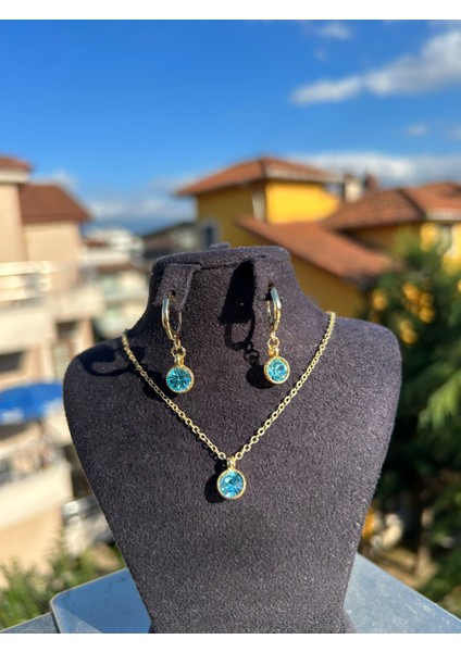 Açık Mavi Oval Taşlı Kolye Küpe Set