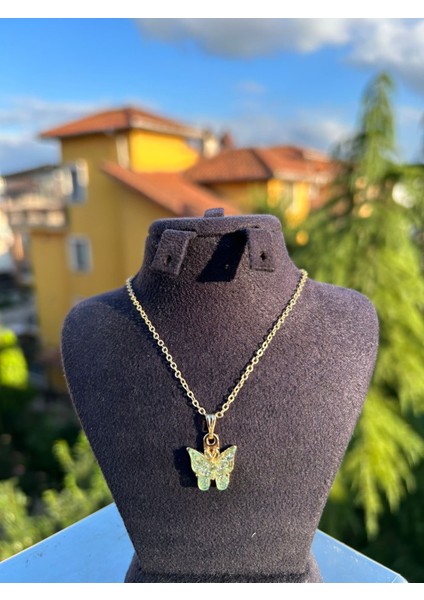 Su Yeşili Parlak Kelebek Kolye