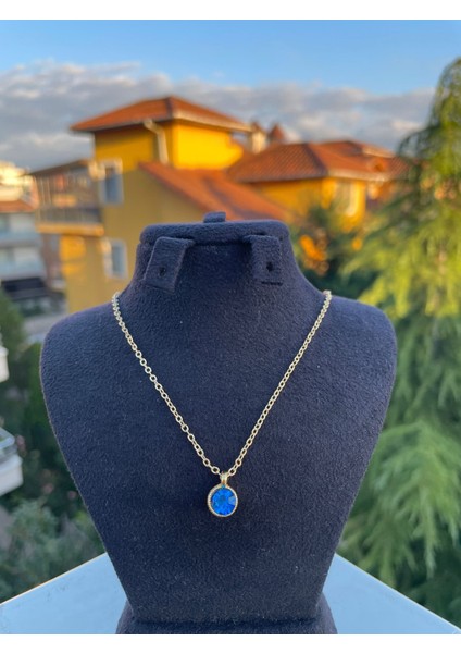 Lacivert Oval Taşlı Kolye