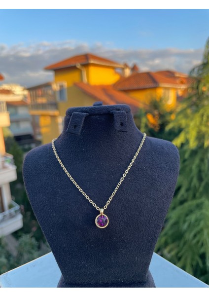 Mor Oval Taşlı Kolye