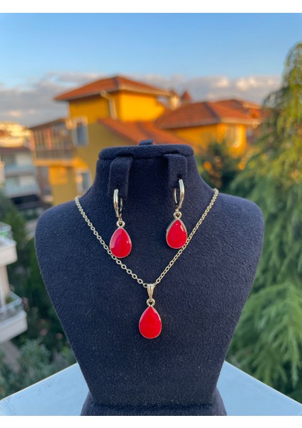 Kırmızı Taşlı Küpe Kolye Set