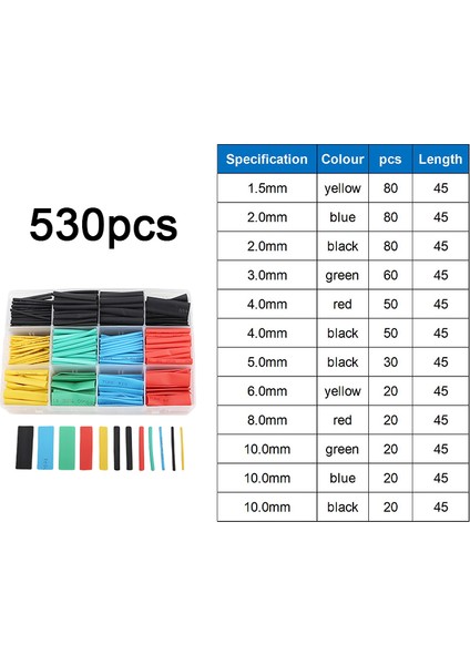 Uk 530 Parça Premium Isıyla Daralan Makaron Seti Heat Shrink Tube Daralan Makaron Tamir Seti