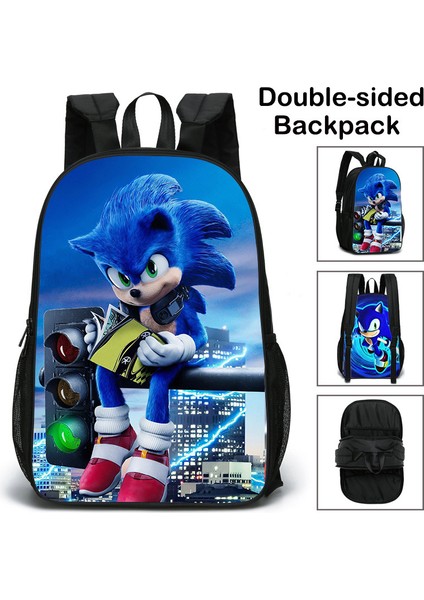 Sonic Temalı Çift Taraflı Öğrenci Sırt Çantası - Açık Mavi (Yurt Dışından)