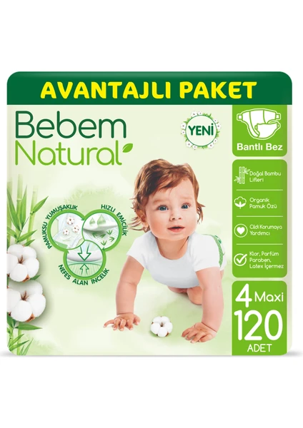 Bebem Natural Bebek Bezi 4 Beden Maxi Avantajlı Paket 120 Adet