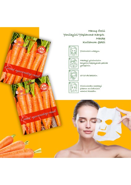 10 Adet Havuçlu Gençleştirici Maske +30 Daucus Carota Sativa Özü Yüz Maskesi XLM98