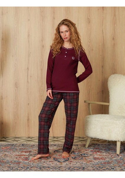 Kadın Ekose Desenli Bordo T-Shirt Pijama Takımı 4174