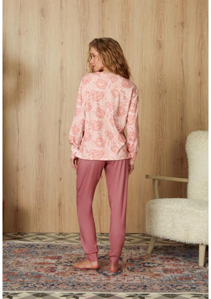 Kadın Pembe Çiçek Desenli T-Shirt Pijama Takımı 4134 fiyatları