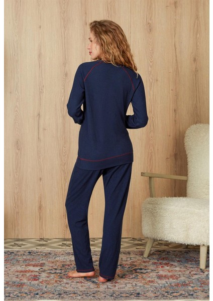 Kadın Lacivert Waffle Kumaş Kırmızı Dikiş Detaylı T-Shirt Pijama Takımı 4204 fiyatları