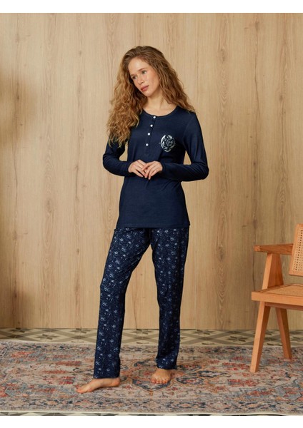 Kadın Lacivert Mini Çiçek Desenli T-Shirt Pijama Takımı 4084