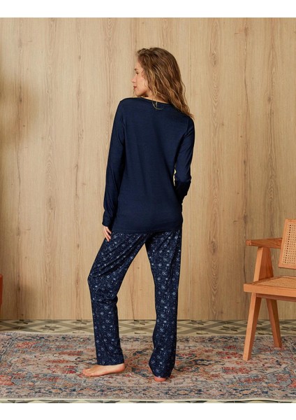 Kadın Lacivert Mini Çiçek Desenli T-Shirt Pijama Takımı 4084 fiyatları