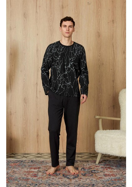 Erkek Siyah Mermer Desenli T-Shirt Pijama Takımı 4834