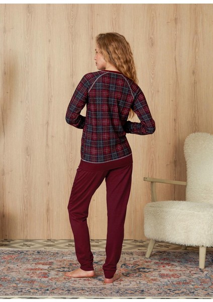 Kadın Bordo Ekose Desenli T-Shirt Pijama Takımı 4184 fiyatları