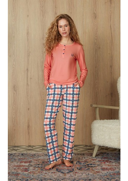 Kadın Kareli Kalp Desenli Somon Renk T-Shirt Pijama Takımı 4254