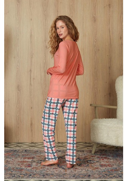 Kadın Kareli Kalp Desenli Somon Renk T-Shirt Pijama Takımı 4254 fiyatları
