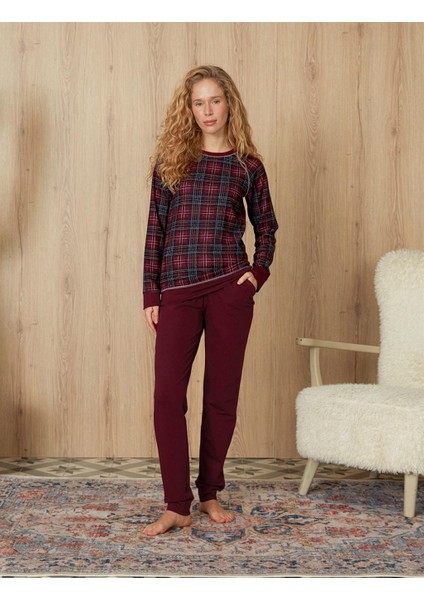 Kadın Bordo Ekose Desenli T-Shirt Pijama Takımı 4184