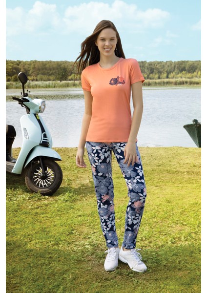 Kadın Çiçek Desen Basklı T-Shirt Pijama Takımı 4293