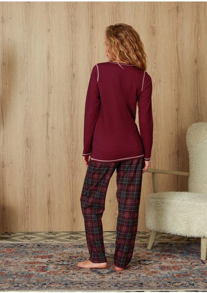 Kadın Ekose Desenli Bordo T-Shirt Pijama Takımı 4174 fiyatları