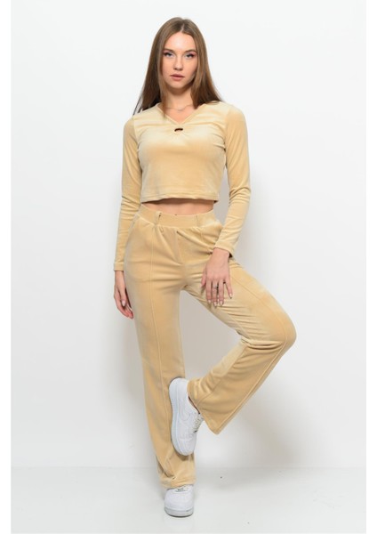 Kadın Soft Kadife Pantolon-Bluz Alt Üst Ikili Takım Bej