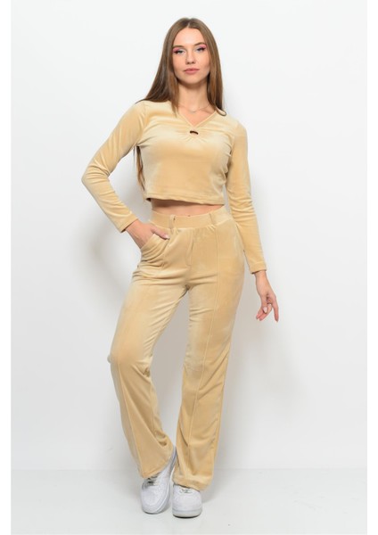 Kadın Soft Kadife Pantolon-Bluz Alt Üst Ikili Takım Bej