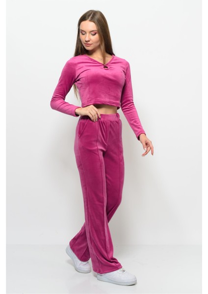 Kadın Soft Kadife Pantolon-Bluz Alt Üst Ikili Takım Narçiçeği