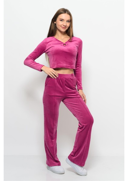 Kadın Soft Kadife Pantolon-Bluz Alt Üst Ikili Takım Narçiçeği