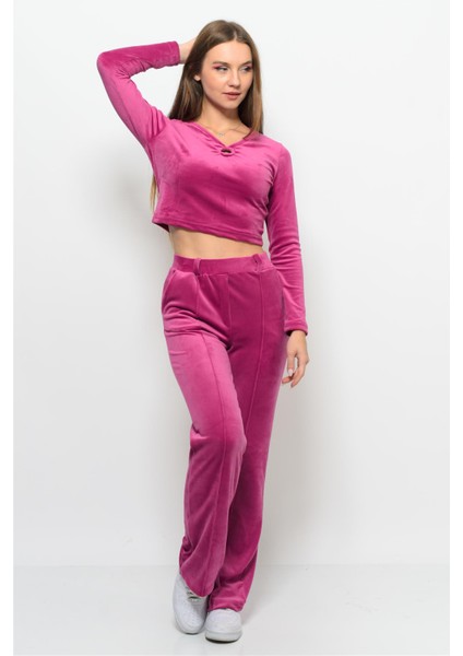 Kadın Soft Kadife Pantolon-Bluz Alt Üst Ikili Takım Narçiçeği