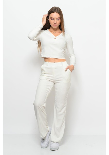 Kadın Soft Kadife Pantolon-Bluz Alt Üst Ikili Takım Beyaz modelleri