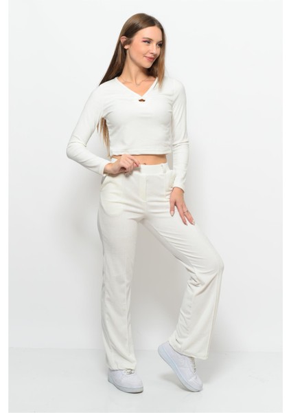 Kadın Soft Kadife Pantolon-Bluz Alt Üst Ikili Takım Beyaz indirimleri