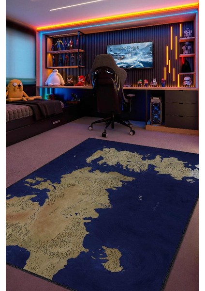 Westeros,Mavi Harita Desenli Modern,Pamuklu Dokuma Tabanlı Yıkanabilir Renkli Game Of Thrones Film Sever Halısı