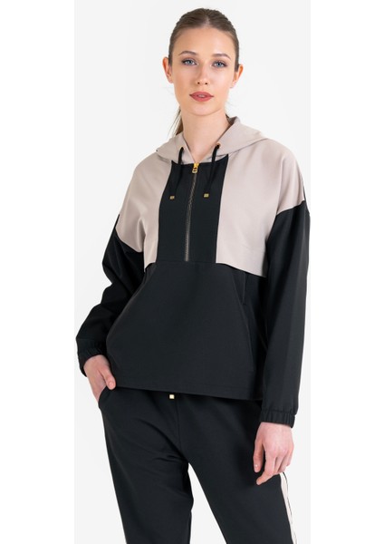 Siyah Kadın Yarım Fermuarlı Kapüşonlu Sweatshirt 23N-2106 fiyatları