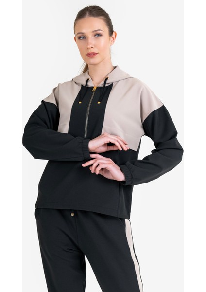 Siyah Kadın Yarım Fermuarlı Kapüşonlu Sweatshirt 23N-2106 modelleri