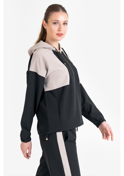 Siyah Kadın Yarım Fermuarlı Kapüşonlu Sweatshirt 23N-2106 fırsatları