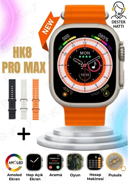 Hk8 Pro Max Ultra 2,12''amoled Ekran Akıllı Saat 3 Kordon Gps,pusula,nfc,ıos Ve Androıd Watch 8