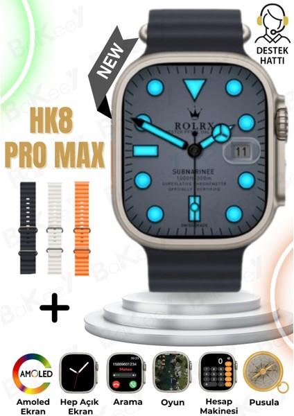 Hk8 Pro Max Ultra 2,12''amoled Ekran Akıllı Saat 3 Kordon Gps,pusula,nfc,ıos Ve Androıd Watch 8