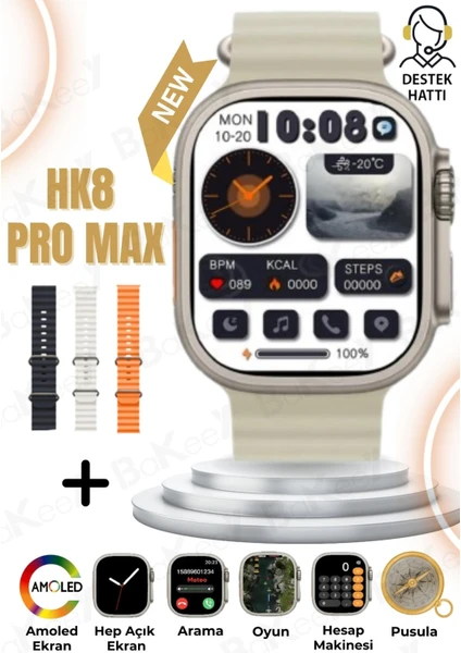 Hk8 Pro Max Ultra 2,12''Amoled Ekran Akıllı Saat 3 Kordon Gps,Pusula,Nfc,Ios ve Androıd Watch 8