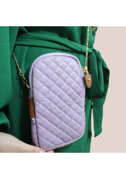 Yb Collection Kapitone Deri Kumaş Zincir Boyun Askılıklı Telefon Çantası Cüzdan Lila AL3943