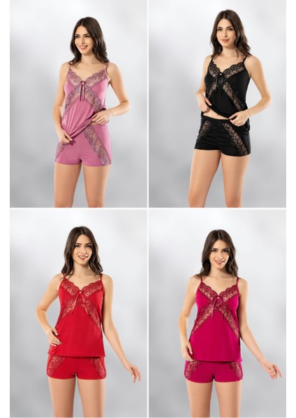 Süsen Lingerie 2 Parça Gül Kurusu Atlet Şort Dantelli Fantezi Kadın Gecelik Takımı