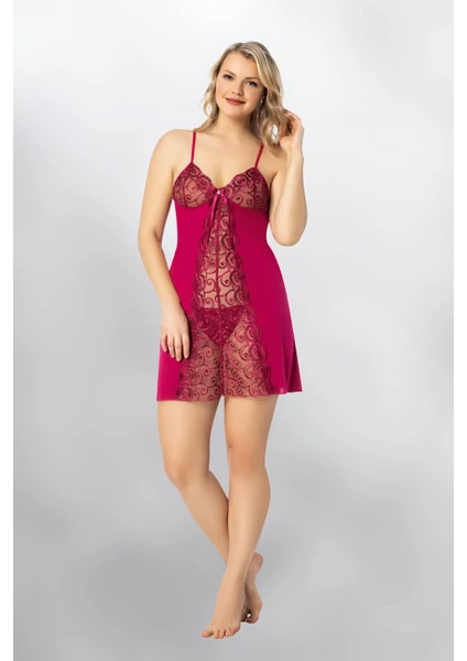 Süsen Lingerie 2 Parça Vişne İp Askılı Dantelli Fantezi Kadın Gecelik Takımı