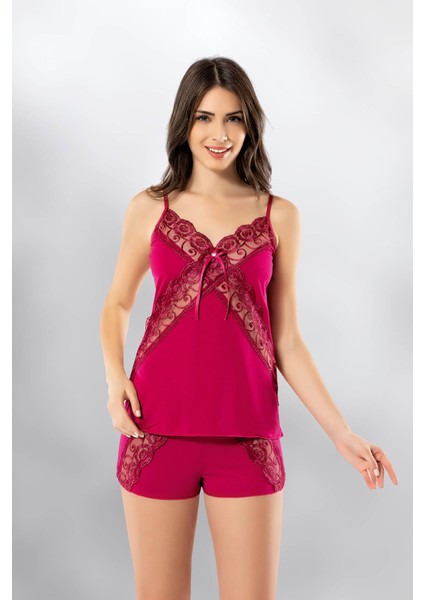 Süsen Lingerie 2 Parça Vişne Atlet Şort Dantelli Fantezi Kadın Gecelik Takımı