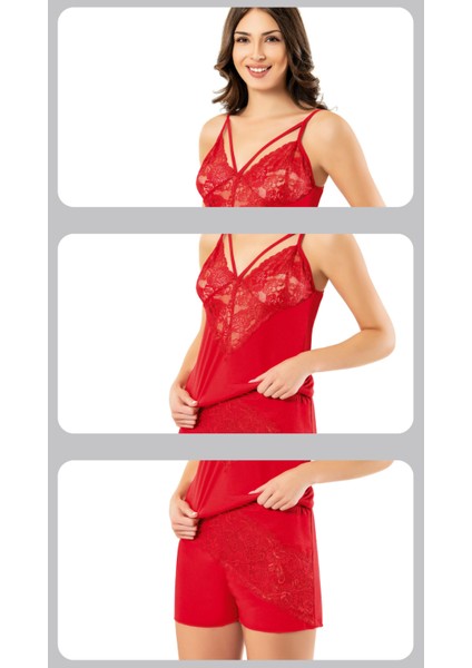 Süsen Lingerie 2 Parça Kırmızı Atlet Şort Dantelli Fantezi Kadın Gecelik Takımı