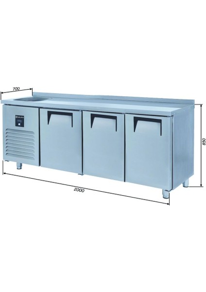 Tezgah Tip Buzdolabı - 3 Kapılı - Sol Evye & Motor - 200X70X85 cm