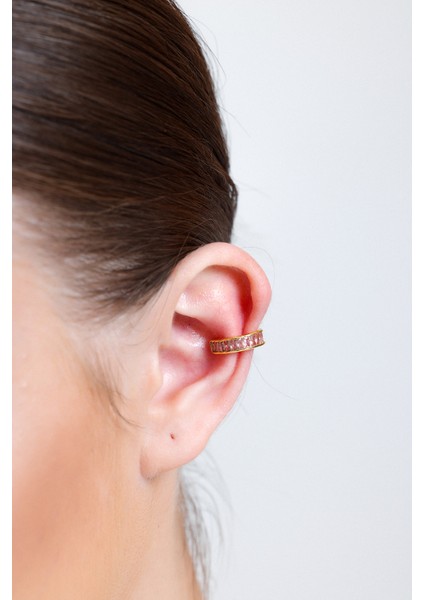 Kadın Gold Pembe Zirkon Baget Suyolu Earcuff Küpe