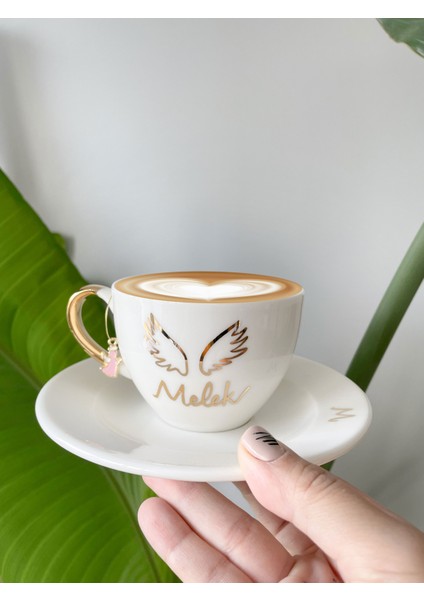 24K Altın Yaldızlı Melek Küpeli Porselen Nescafe Fincanı Melek Isimli(Küpe Kalp Şekli Olabilir)