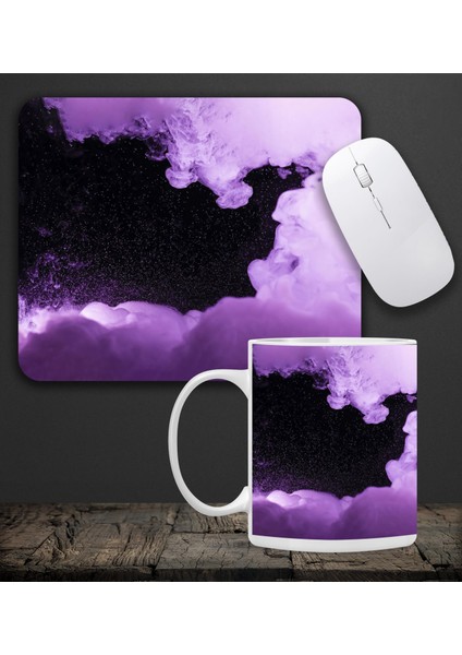 Baskılı Kupa & Mor ve Siyah Renk Galaksi Temalı Mouse Pad 23X19CM Fare Altlığı Kaydırmaz Taban DE596 Ofis Hediyesi